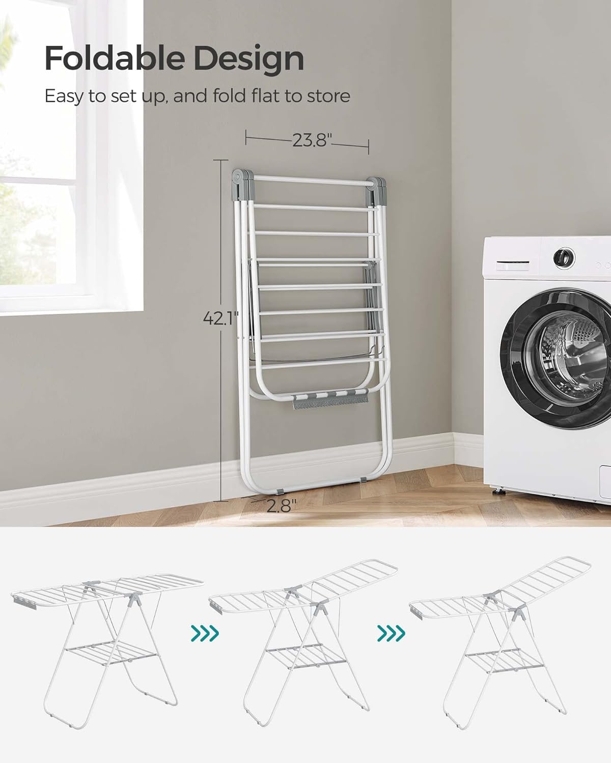 Clothes Drying Rack, with Sock Clips, Metal Laundry Rack, Foldable, Space-Saving, Free-Standing Airer, with 2