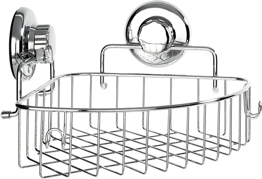 Corner Shower Caddy with Suction Cups and 3M Adhesive Mounting Discs for porous surfaces - Stainless Steel Basket for