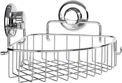 Corner Shower Caddy with Suction Cups and 3M Adhesive Mounting Discs for porous surfaces - Stainless Steel Basket for