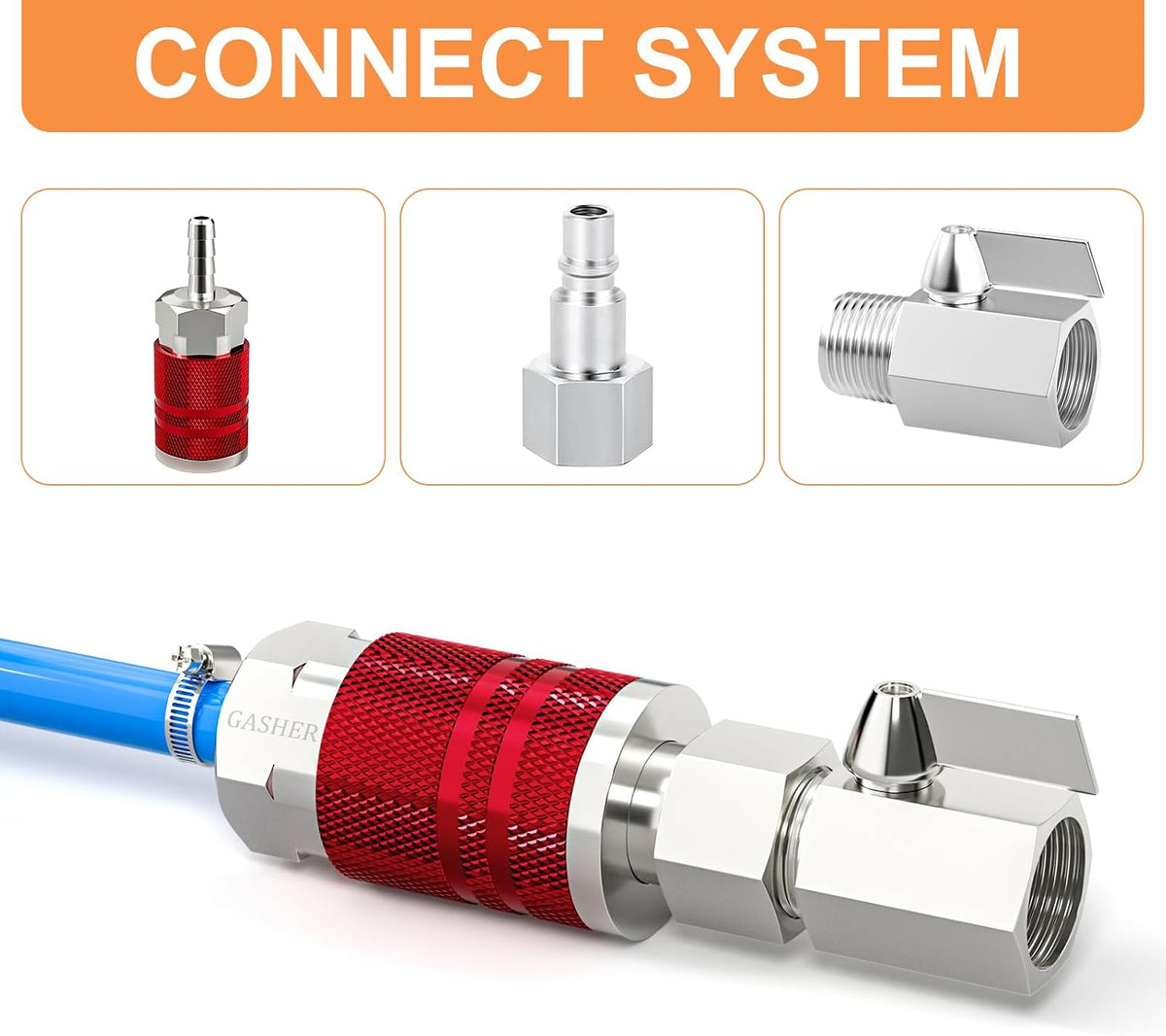 GASHER 2Pcs Red Industrial Air Coupling with 1/4" Hose Barb, 1/4" Basic Flow Quick Connect Air Coupler I/M Type With Hose Clamp