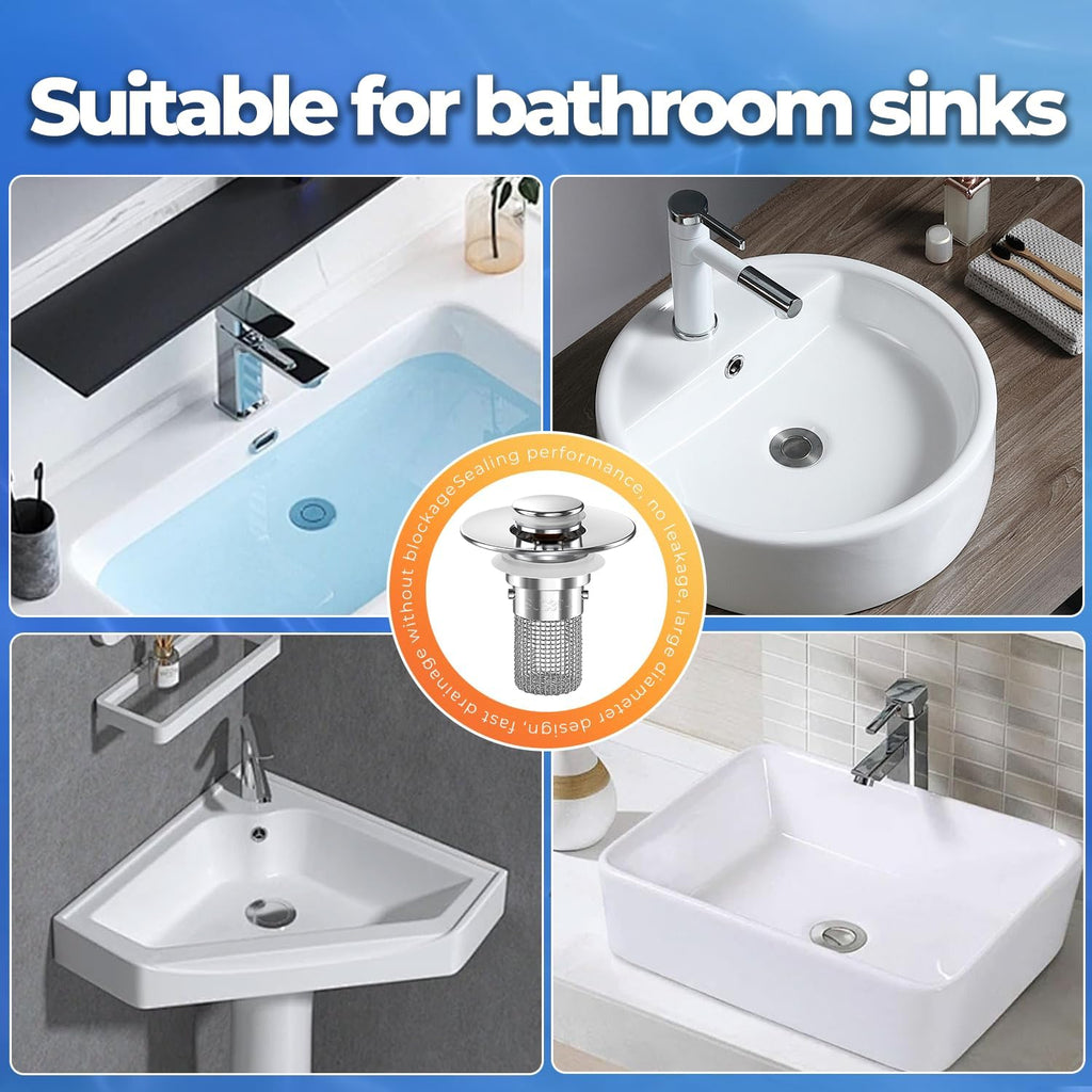 Bathroom Sink Drain Strainer,(2PCS) Pop-up Sink Drain Strainer with Removable Stainless Steel Strainer Basket Hair