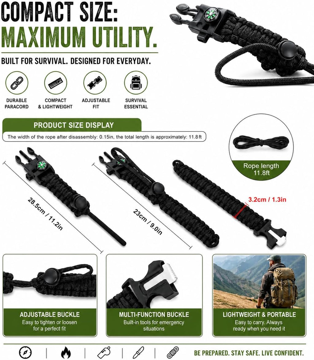 Paracord Survival Bracelet With Compass, Fire Starter, Whistle, Removeable Striker - 10 Feet Of Paracord - Nylon and