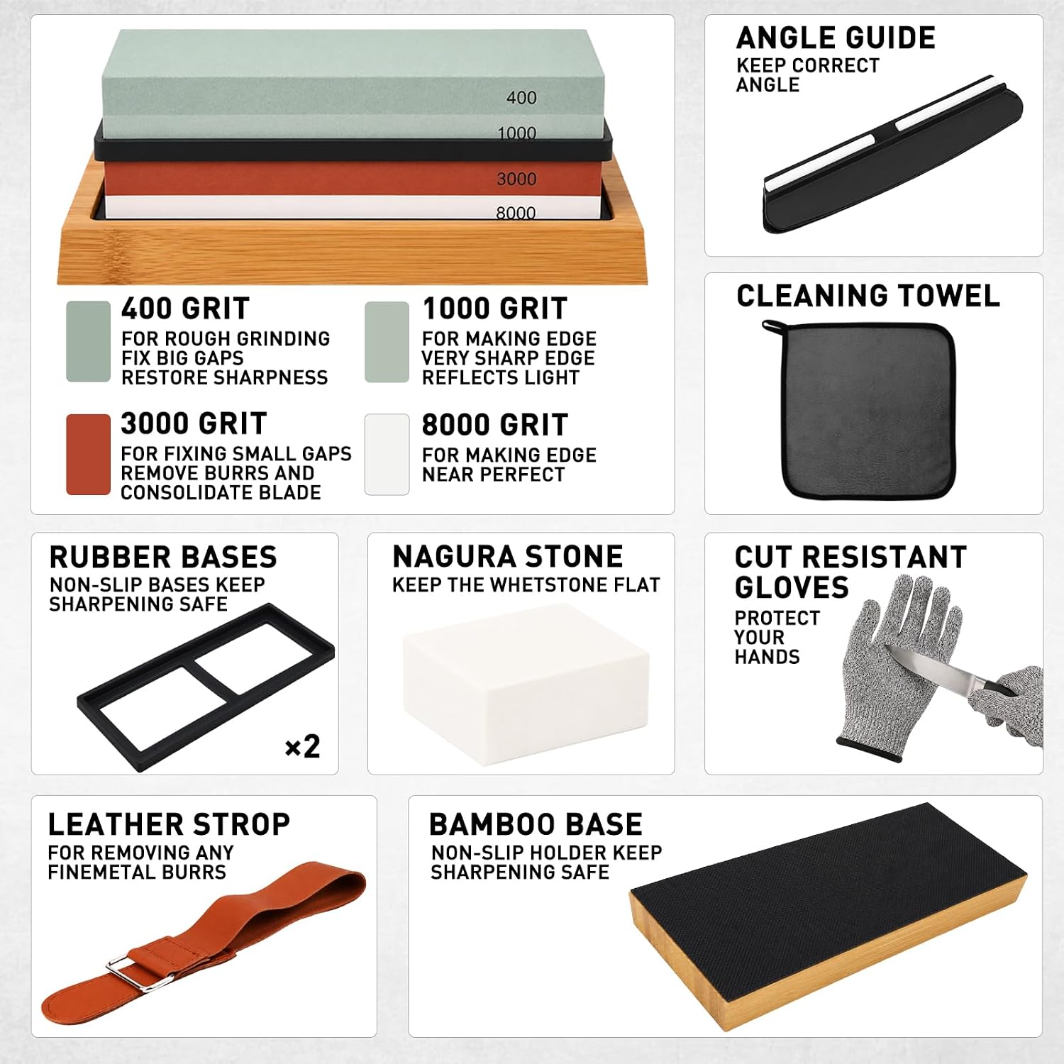 10-Piece Knife Sharpening Stone Set, Professional Whetstone 4 Side 400/1000 3000/8000 Grit, Whetstone Knife Sharpener