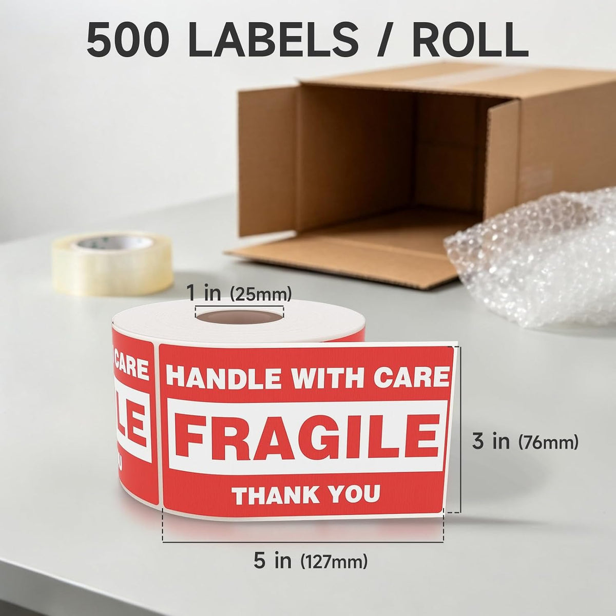 3x2 Fragile Stickers for Shipping and Moving, 500 Fragile Labels Per Roll