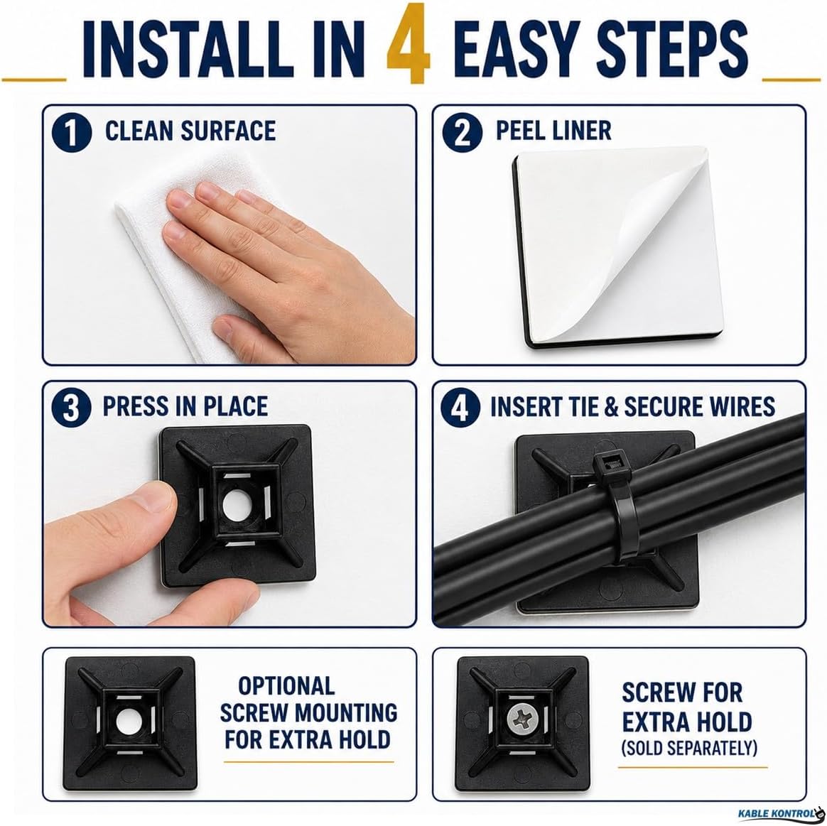Zip Tie Mounts, 1” Black, 100 Pcs Adhesive Backed | Multi-Purpose UV-Resistant Mounting Squares Nylon Cable Tie Wrap