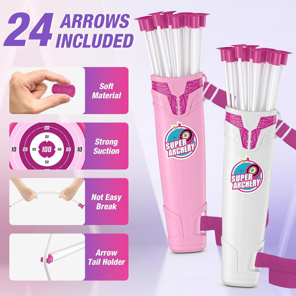2 Pack Bow and Arrow for Kids, LED Light Up Girls Archery Set | with 24 Suction Cup Arrows, 2 Hanging Targets, 6