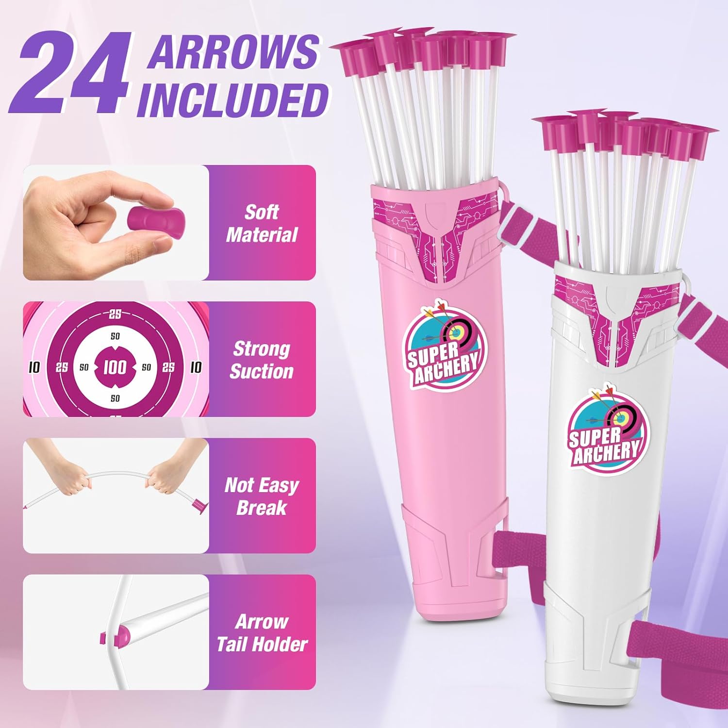2 Pack Bow and Arrow for Kids, LED Light Up Girls Archery Set | with 24 Suction Cup Arrows, 2 Hanging Targets, 6