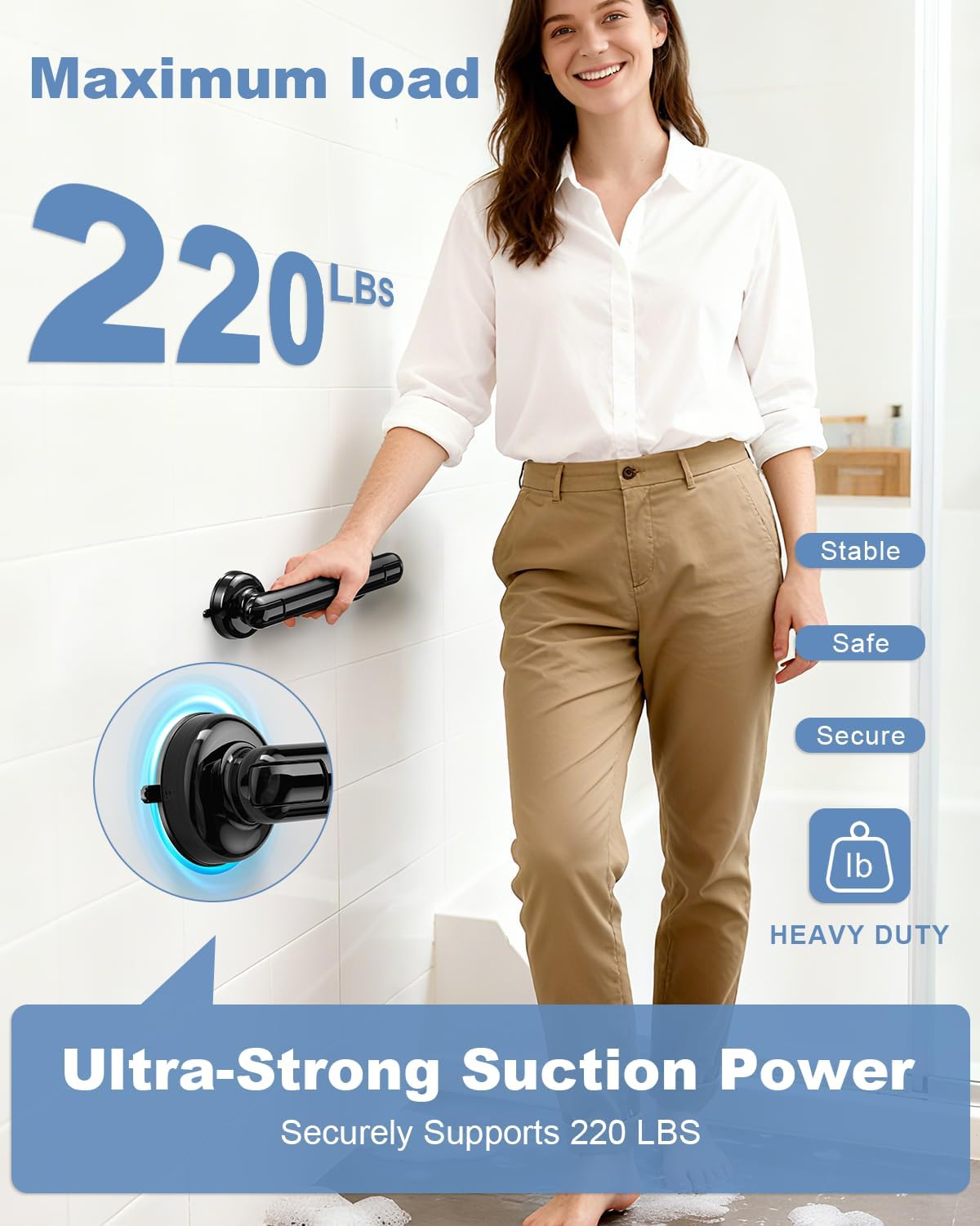 2 Pack Grab Bars for Bathtubs and Showers, No Drilling & Removable Shower Grab Bar Easy to Install, Heavy Duty