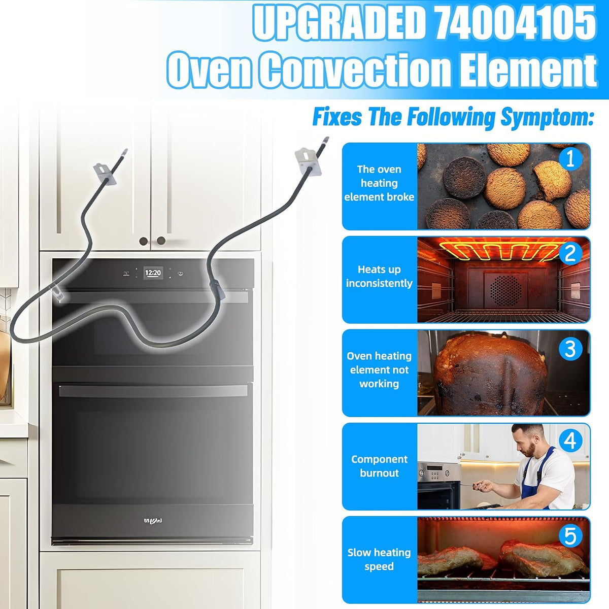 UPGRADED 74004105 Range Bake Element Compatible with Whirlpool Maytag Kenmore Stove Ovens Parts,74004105 Maytag Oven Heating Element Replacement 7406P42760 W10314702 Oven Convection Element