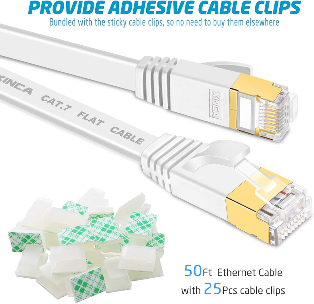 Cat 7 Flat Ethernet Cable 50ft White, High Speed 10GB Shielded (STP) LAN Internet Network Cable Ethernet Patch