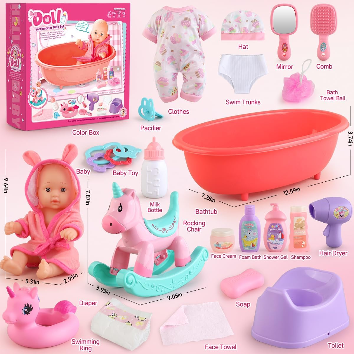 Baby Doll Bath Toys Set with Bathtub, 11" Baby Dolls, Rocking Chair,Swimming Ring, 2 Sets Baby Dolls Clothes and 15
