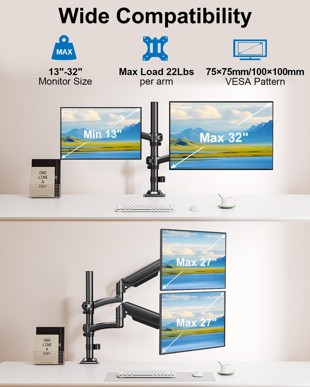 Dual Monitor Stand for Computer Screen up to 32", Holds 22 lbs Each | Taller Monitor Arms Desk Mount, Height