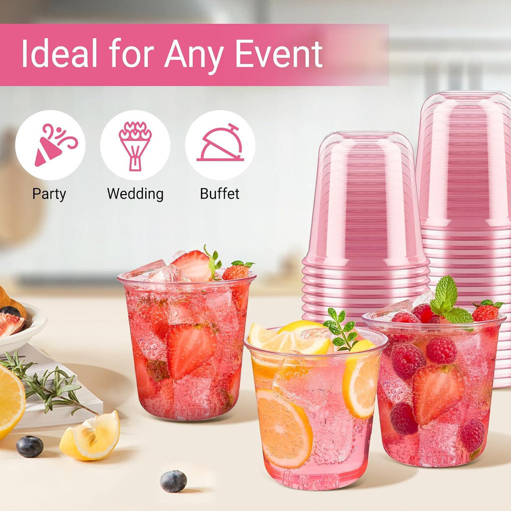 50 Pcs Pink Plastic Cups, 12 oz Disposable Stemless Wine Glasses