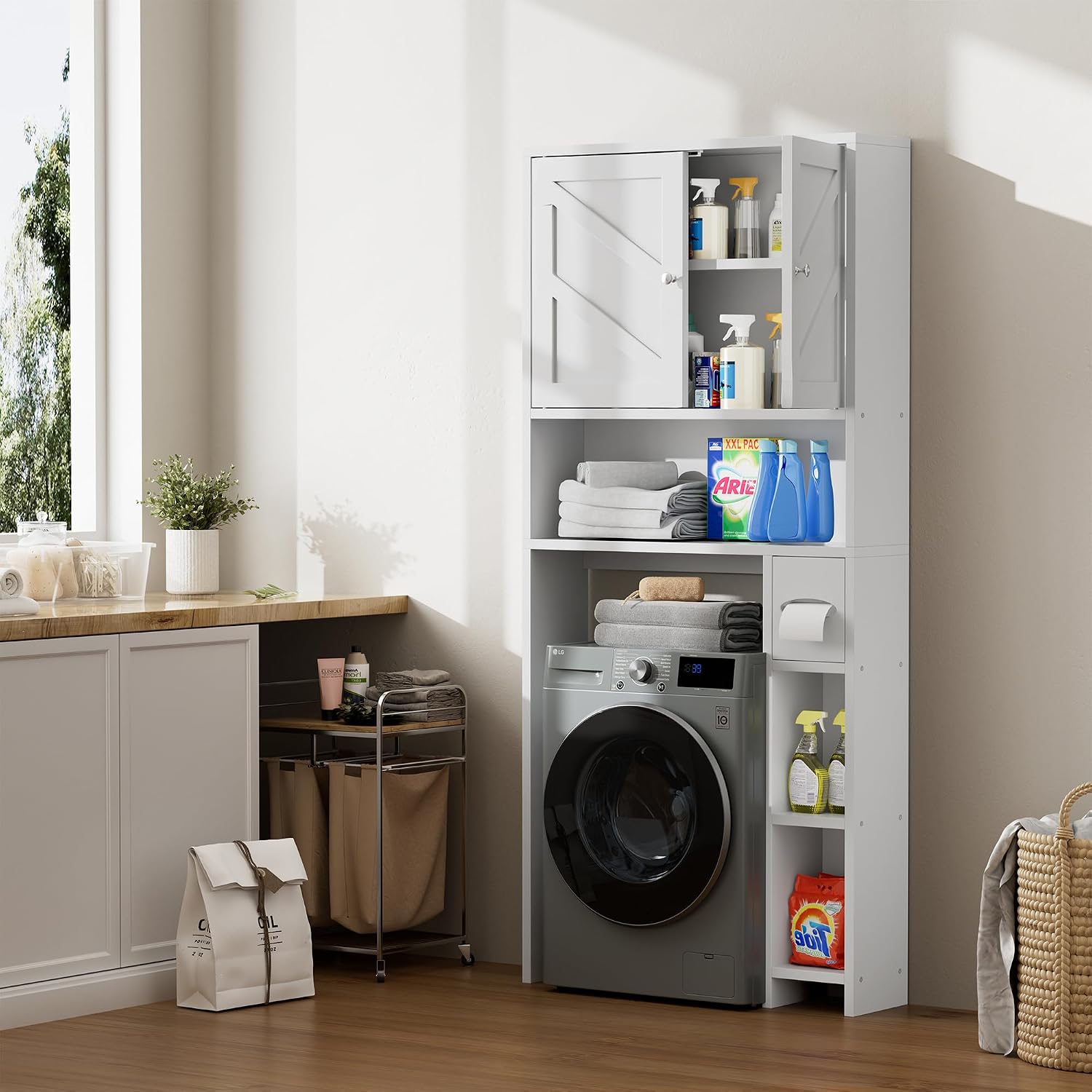 Bathroom Storage Cabinet Over Toilet with Toilet Paper Holder Stand, Freestanding Bathroom Storage Organizer Cabinet