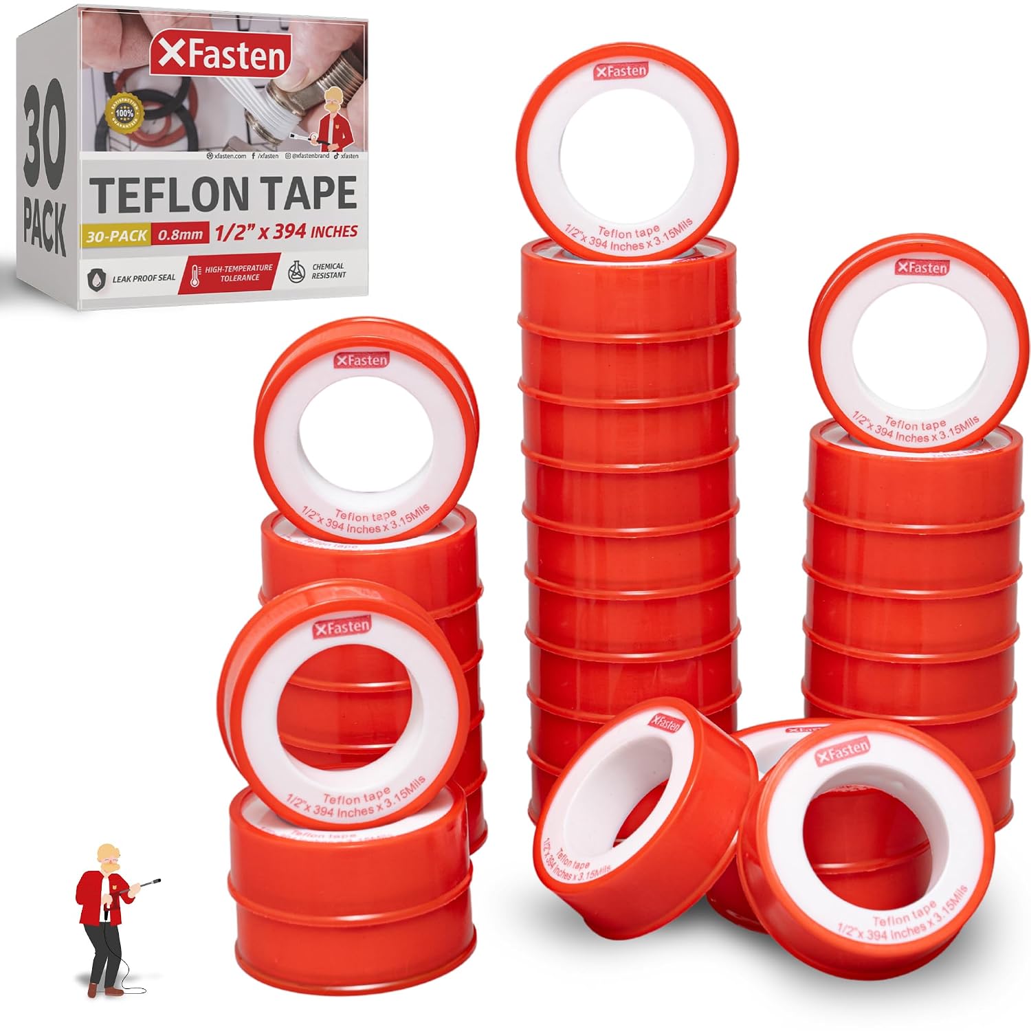 Teflon Tape for Plumbing, 1/2 Inch x 394 Inches (30-Pack, 19,700" Total) – PTFE Plumbers Tape for Shower Head, Pipe