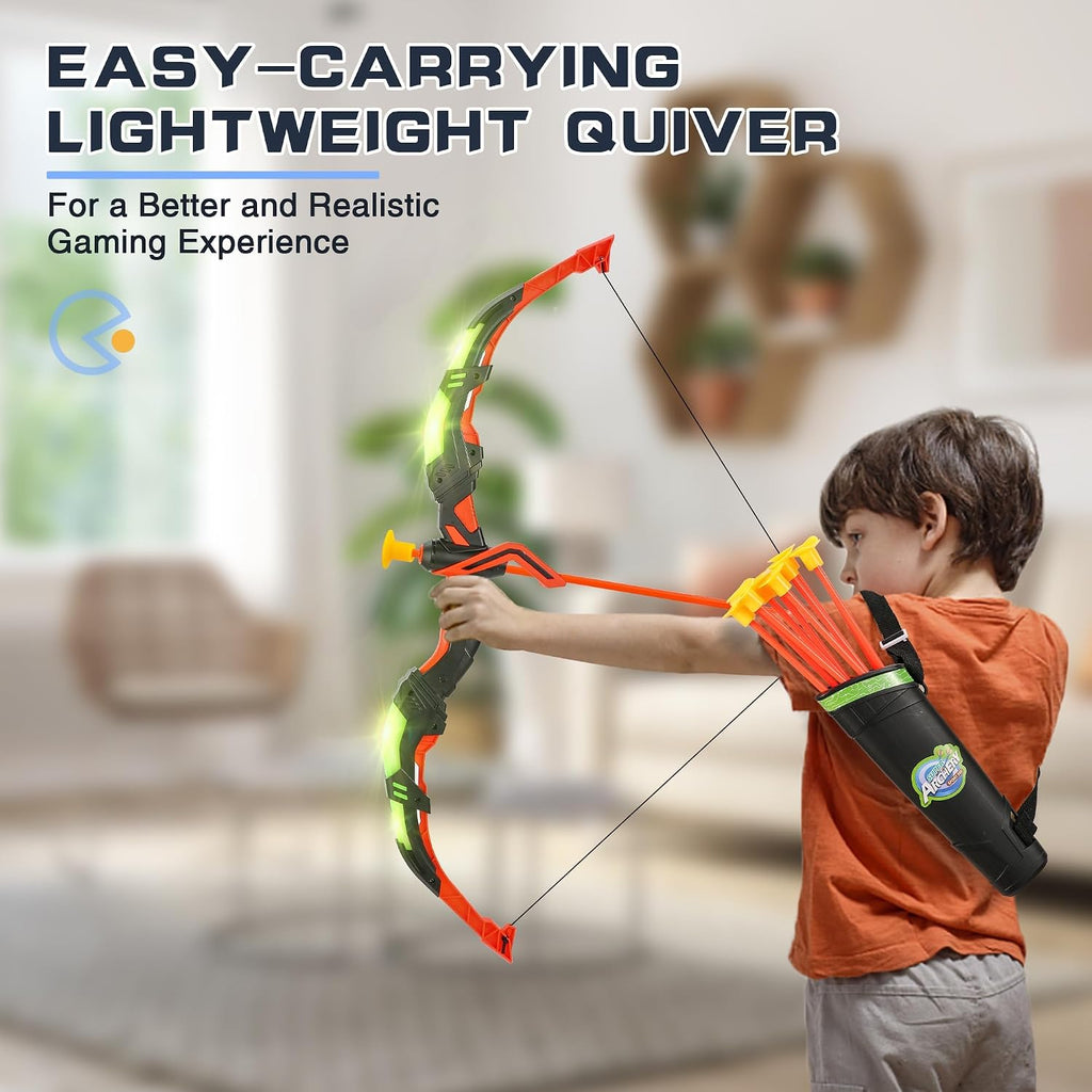 Archery Toy Set for Kids, LED Light Up Bow and Arrow Set with 10 Suction Cup Arrows, Standing Target & Quiver, Indoor
