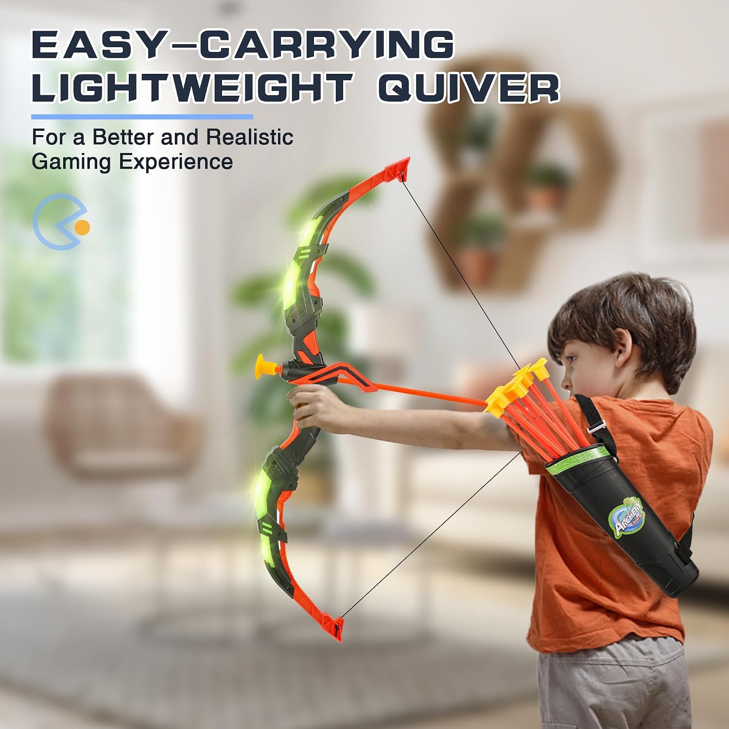 Archery Toy Set for Kids, LED Light Up Bow and Arrow Set with 10 Suction Cup Arrows, Standing Target & Quiver, Indoor