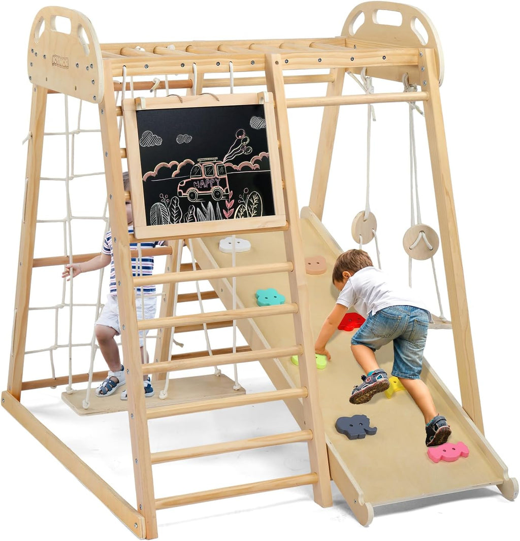 8-in-1 Indoor Jungle Gym for Kids and Toddlers with Hanging-Bridge and Swing, Wooden Indoor Playground with Slide