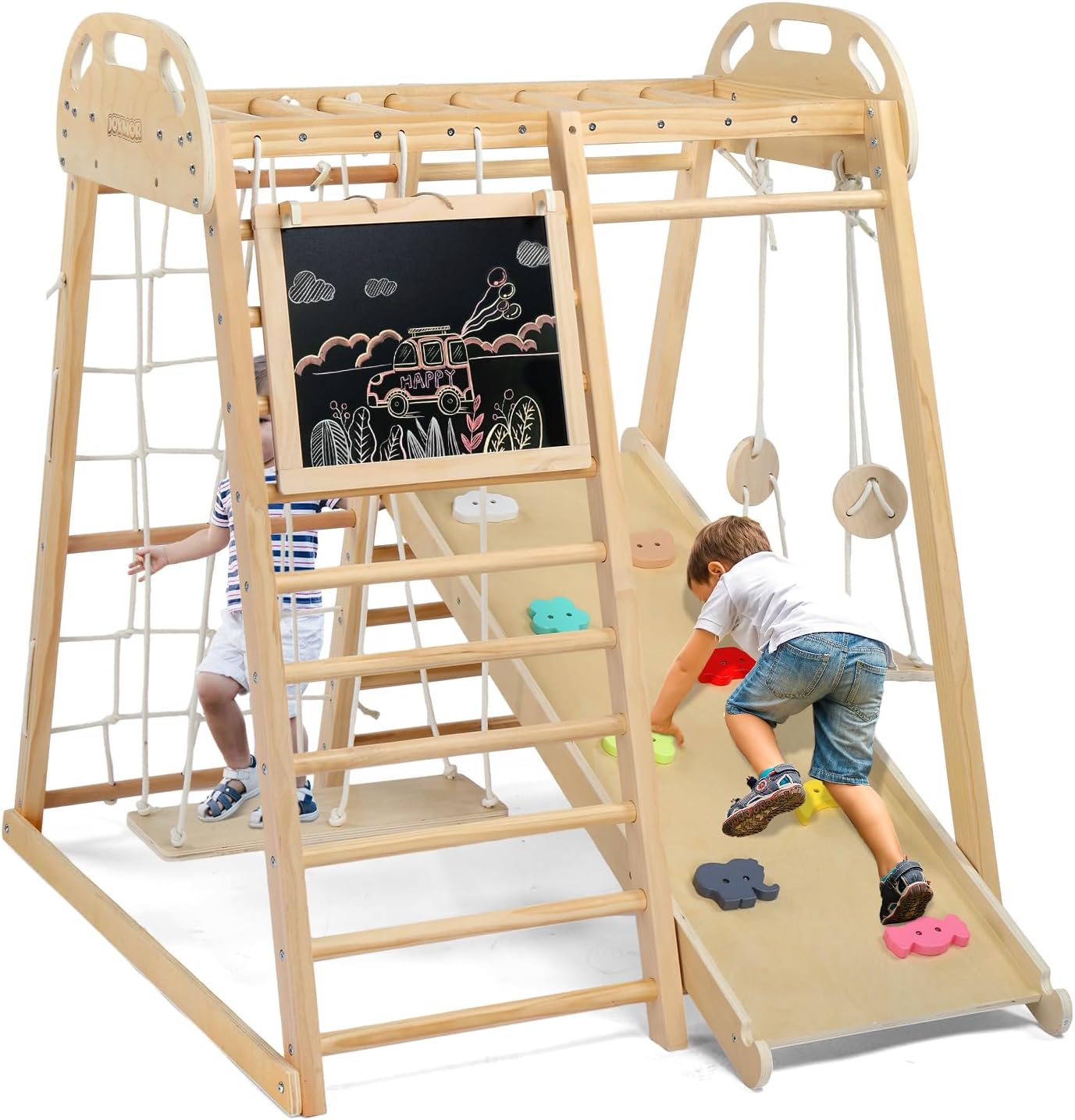 8-in-1 Indoor Jungle Gym for Kids and Toddlers with Hanging-Bridge and Swing, Wooden Indoor Playground with Slide