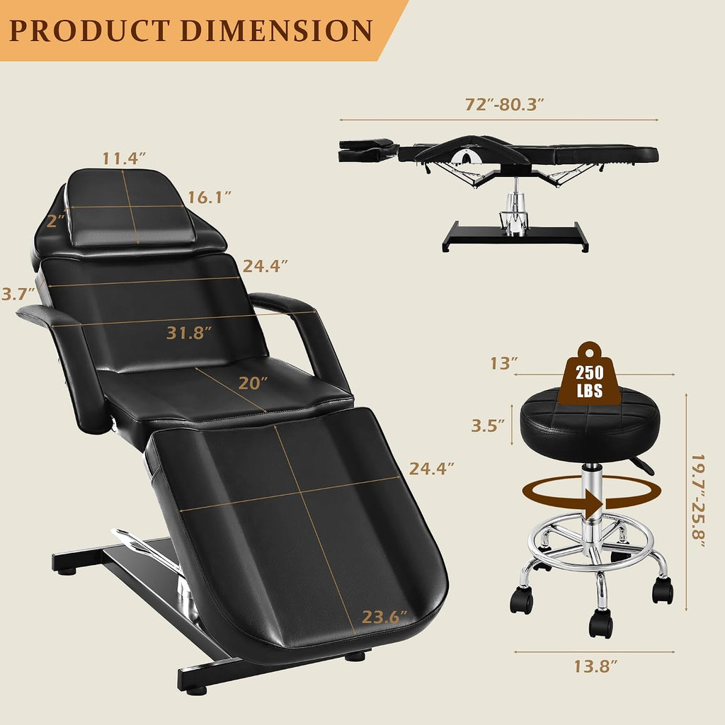 Facial Tattoo Chair, Hydraulic Esthetician Bed with Rolling Stool, Extended Head Spa Tattoo Artist Massage Table 360°