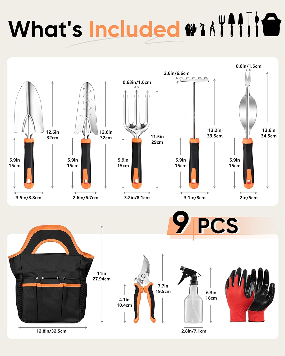 9-Piece Stainless Steel Garden Tools Set, HaSteeL Outdoors Gardening Hand Utensils Kit with Storage Bag, Rust