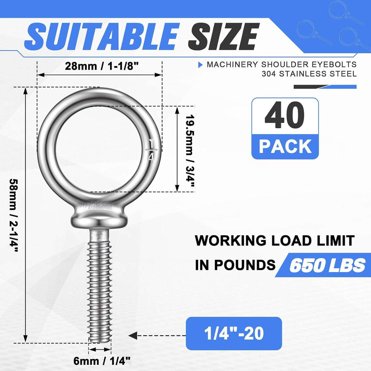 Hicarer 40 Pack Lifting Ring Shoulder Eye Bolt Machinery, 1/4"-20 x 1 UNC