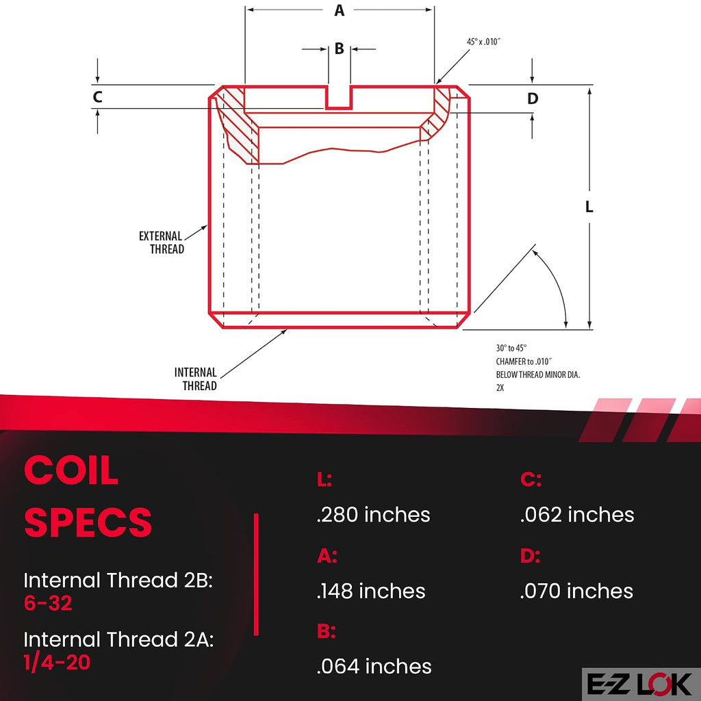 E-Z LOK Thread Insert, 6-32 Internal, 0.25-20 External, 10 ct