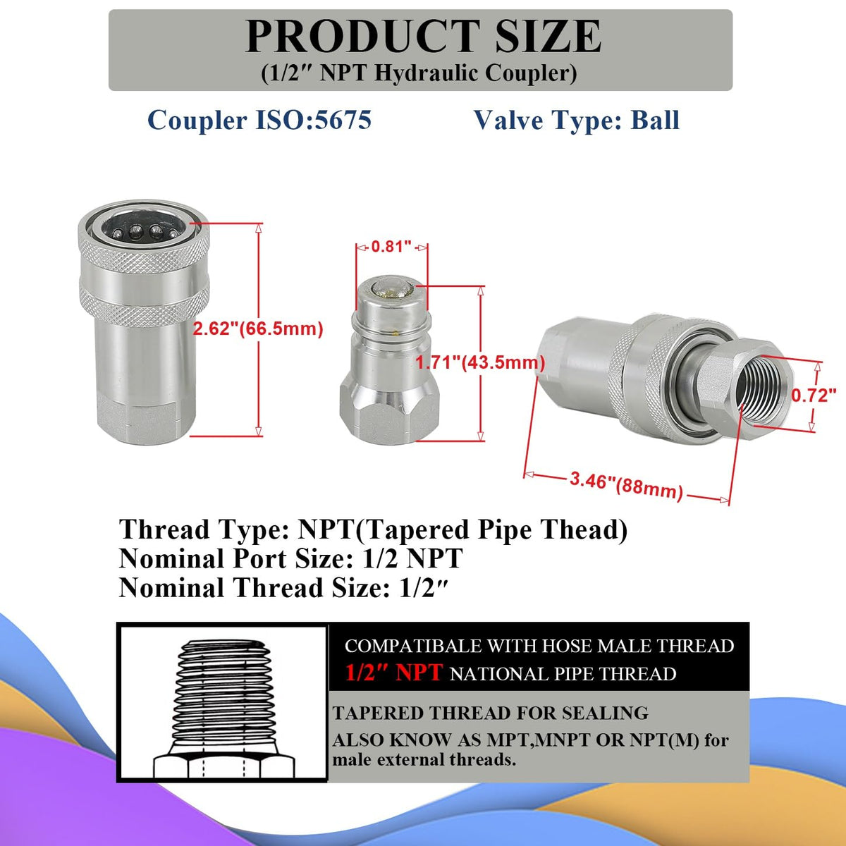 Elifecenter 1/2’’ NPT Ag ISO 5675 Ball Pioneer Hydraulic Quick Couplers