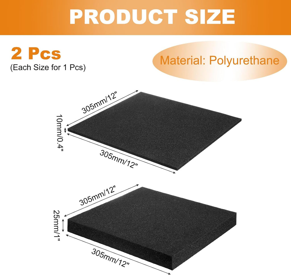 2 Pcs Black Foam Inserts 12"Lx12"Wx1"T & 12"Lx12"Wx0.4"T