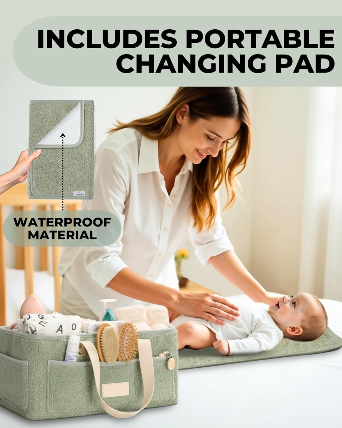 Baby Diaper Caddy Organizer with Portable Changing Mat - Teddy Fleece Diaper Organizer for Changing Table - Basket