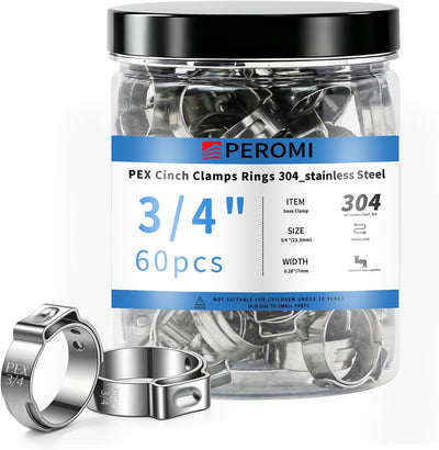 60PCS 3/4 Inch Single Ear PEX Cinch Clamps,304 Stainless Steel PEX Crimp Rings,Pipe Clips for Large Bore Home Plumbing & Radiant Heat PEX Tubing Fittings