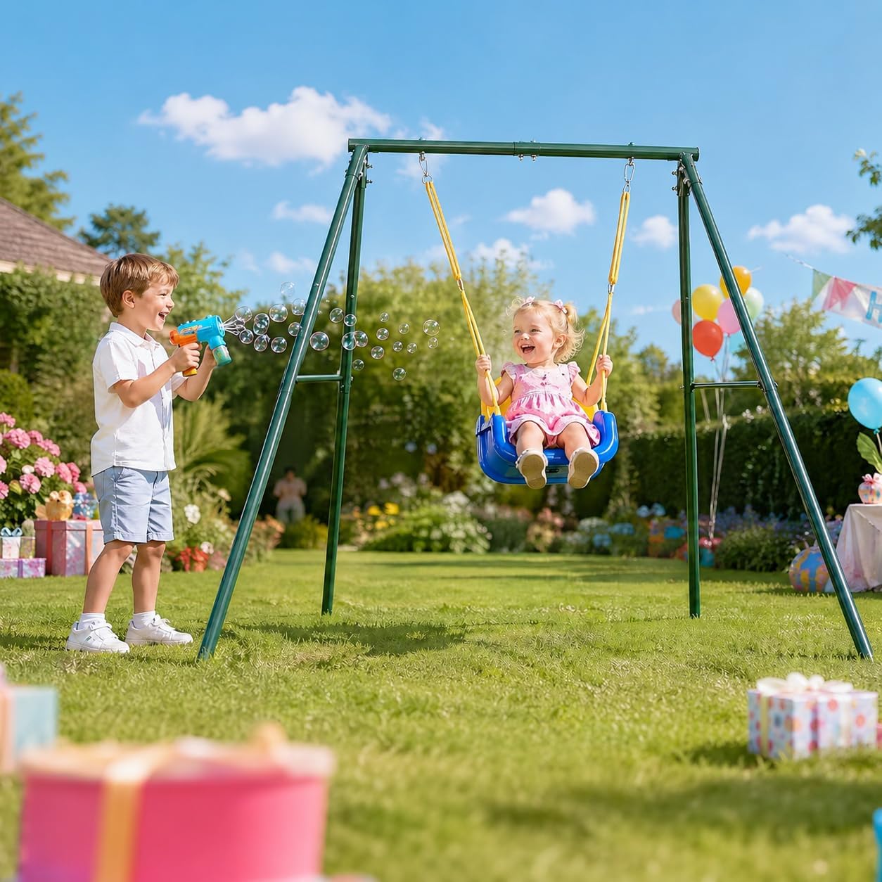 Toddler Swing Set, 4-in-1 Kids Swing Sets for Backyard, Indoor/Outdoor Baby Swing with Heavy Duty Metal Stand