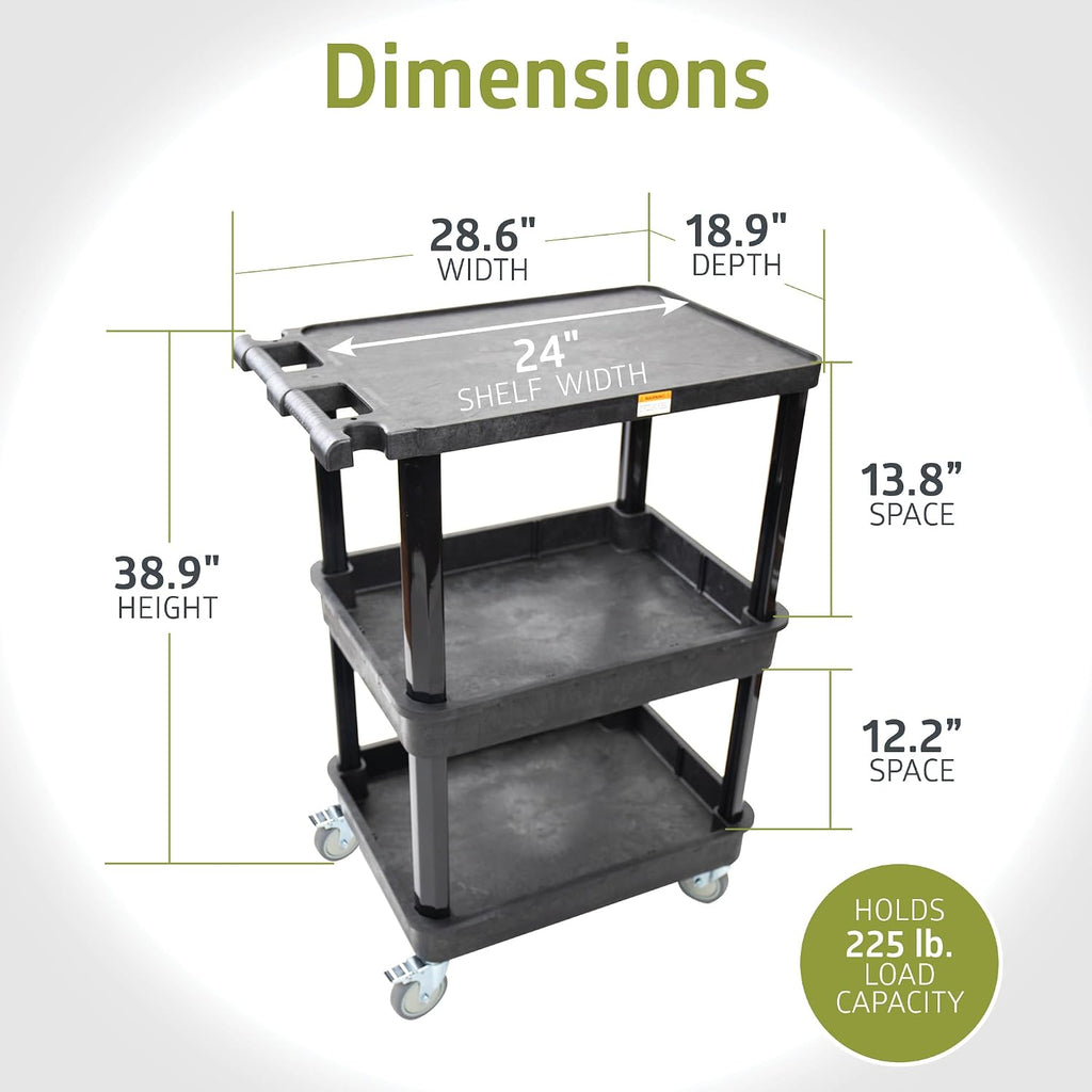 3-Shelf Multipurpose Mobile Utility Cart with 2 Bins and Lockable Wheels, Heavy-Duty Plastic Rolling Presentation