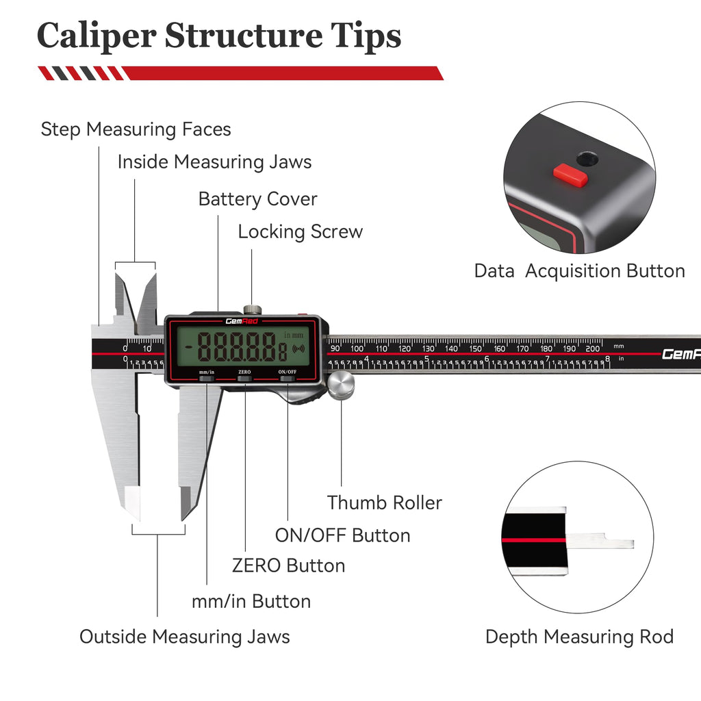 GemRed Wireless Digital Caliper 6 Inch with Data Transfer to Excel/Phone/PC
