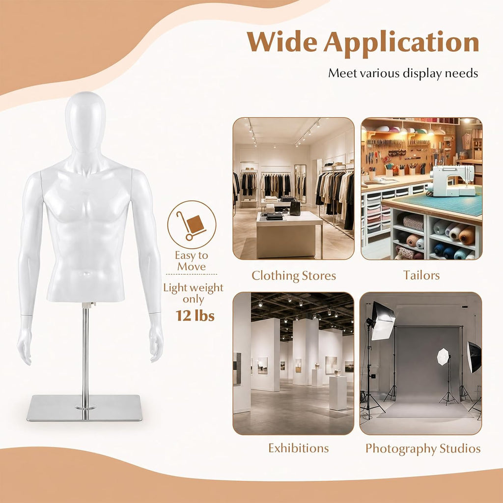 Half Body Male Mannequin Torso with Height Adjustable Metal Stand | Manikin Body with Rotating & Detachable Head