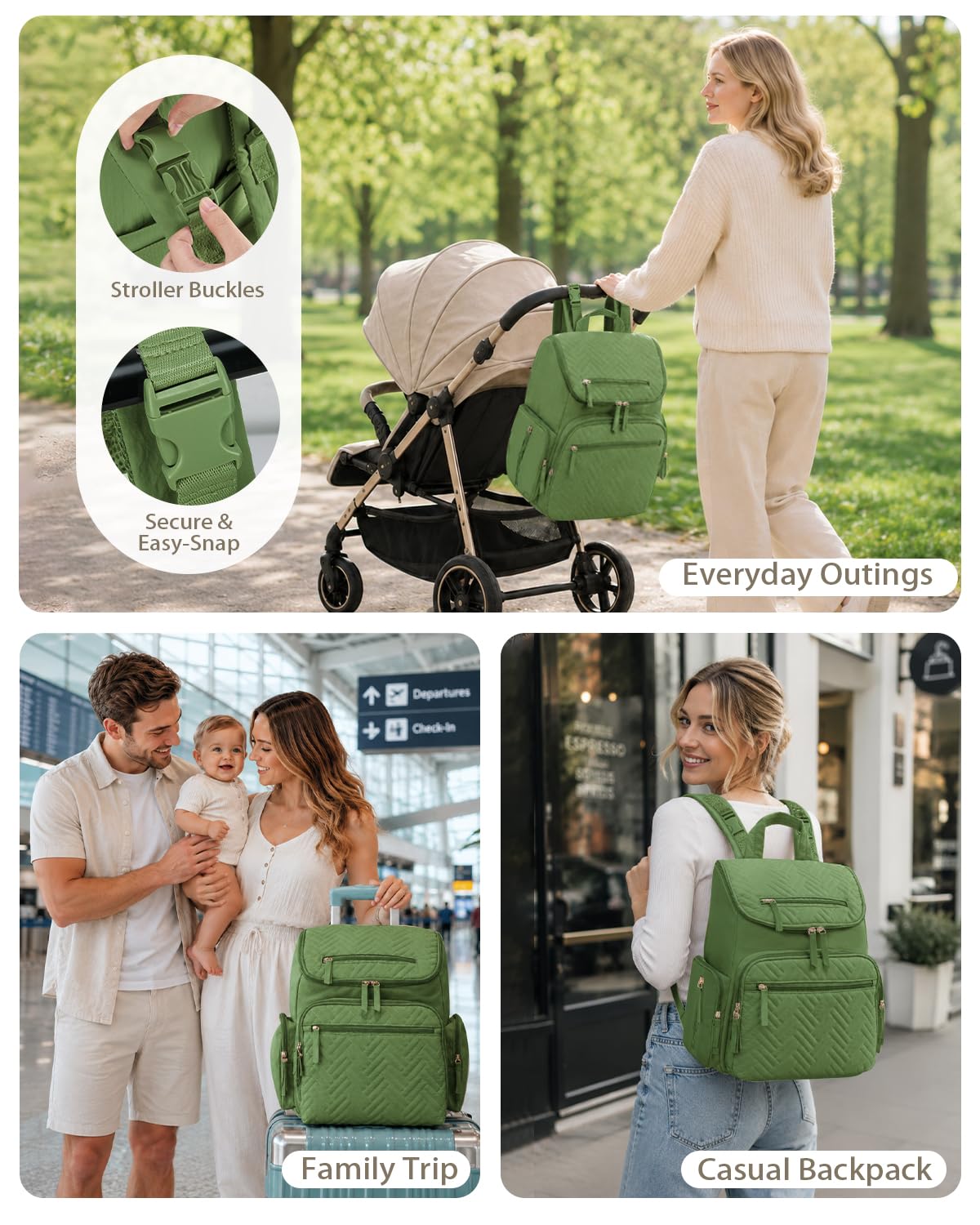 Diaper Bag Backpack with Changing Pad and Insulated Pockets, Green