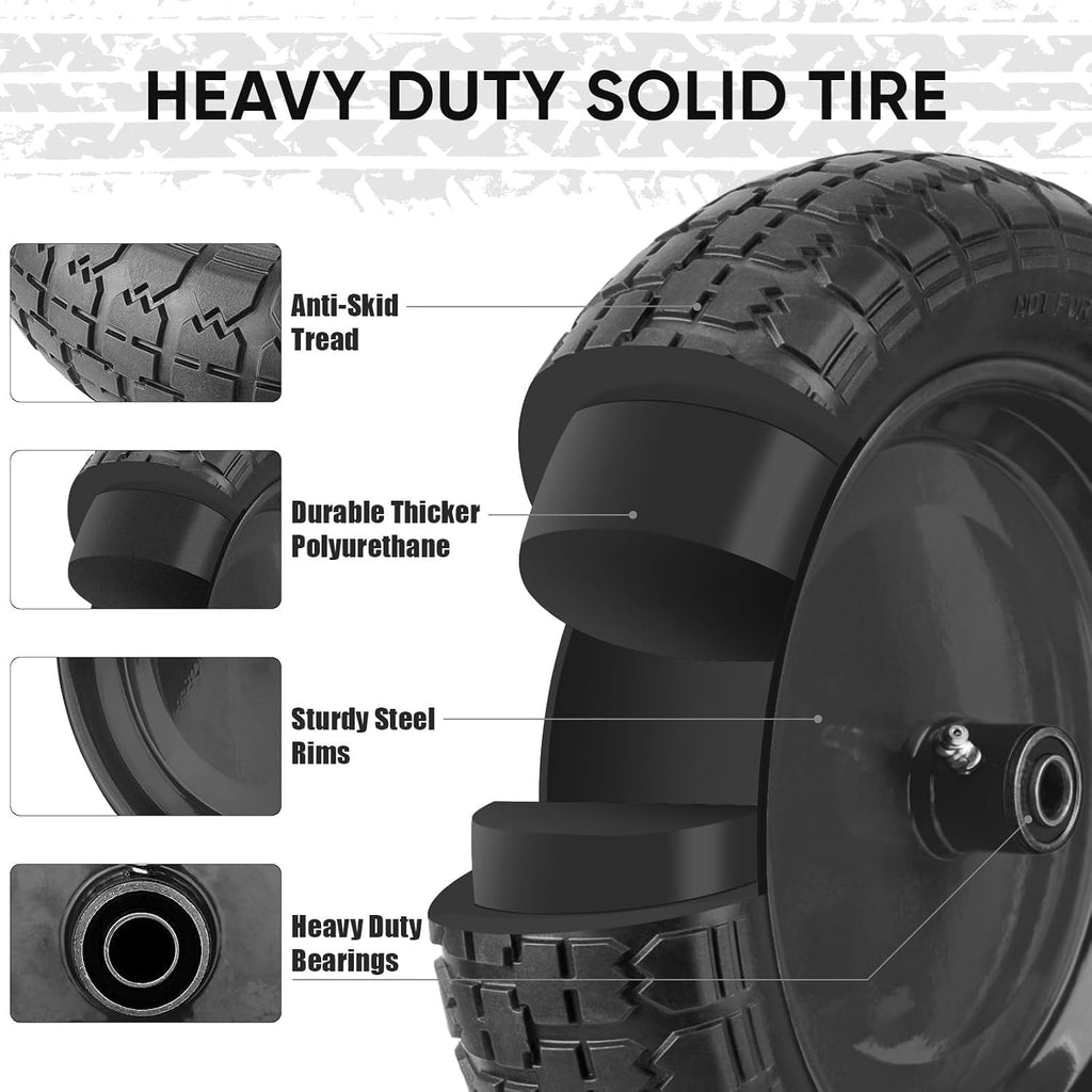 4.80/4.00-8 Tire, 14.5" Flat Free Wheelbarrow Tire and Wheel, Solid Replacement Tires with 3" Centered Hub, 5/8" 3/4"