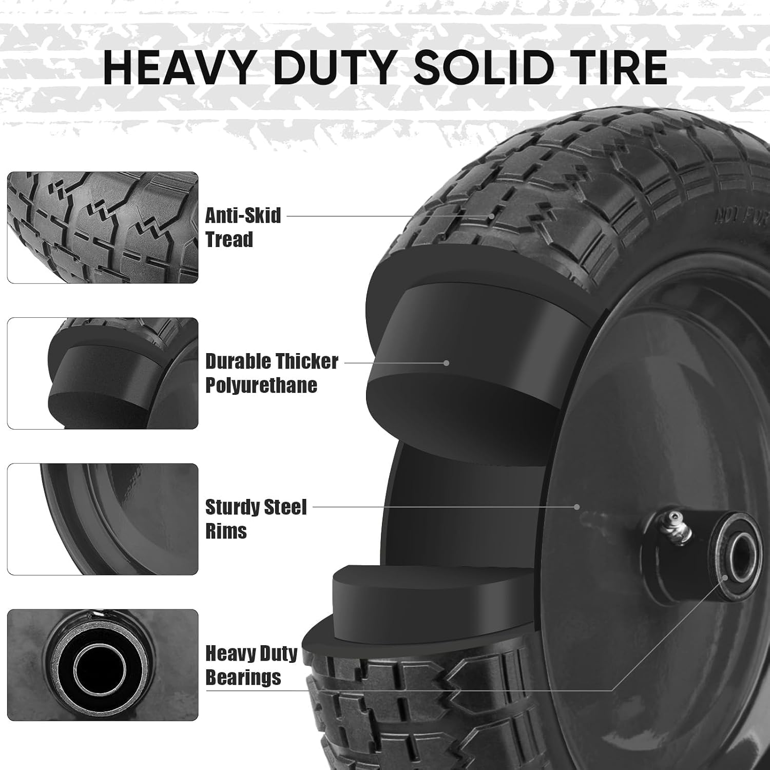 4.80/4.00-8 Tire, 14.5" Flat Free Wheelbarrow Tire and Wheel, Solid Replacement Tires with 3" Centered Hub, 5/8" 3/4"