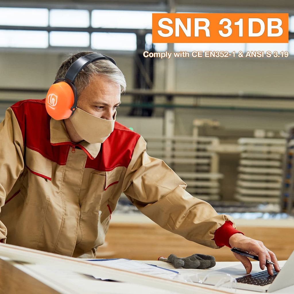 31dB SNR Hearing Protection Earmuffs, Foldable, Fluorescent Orange
