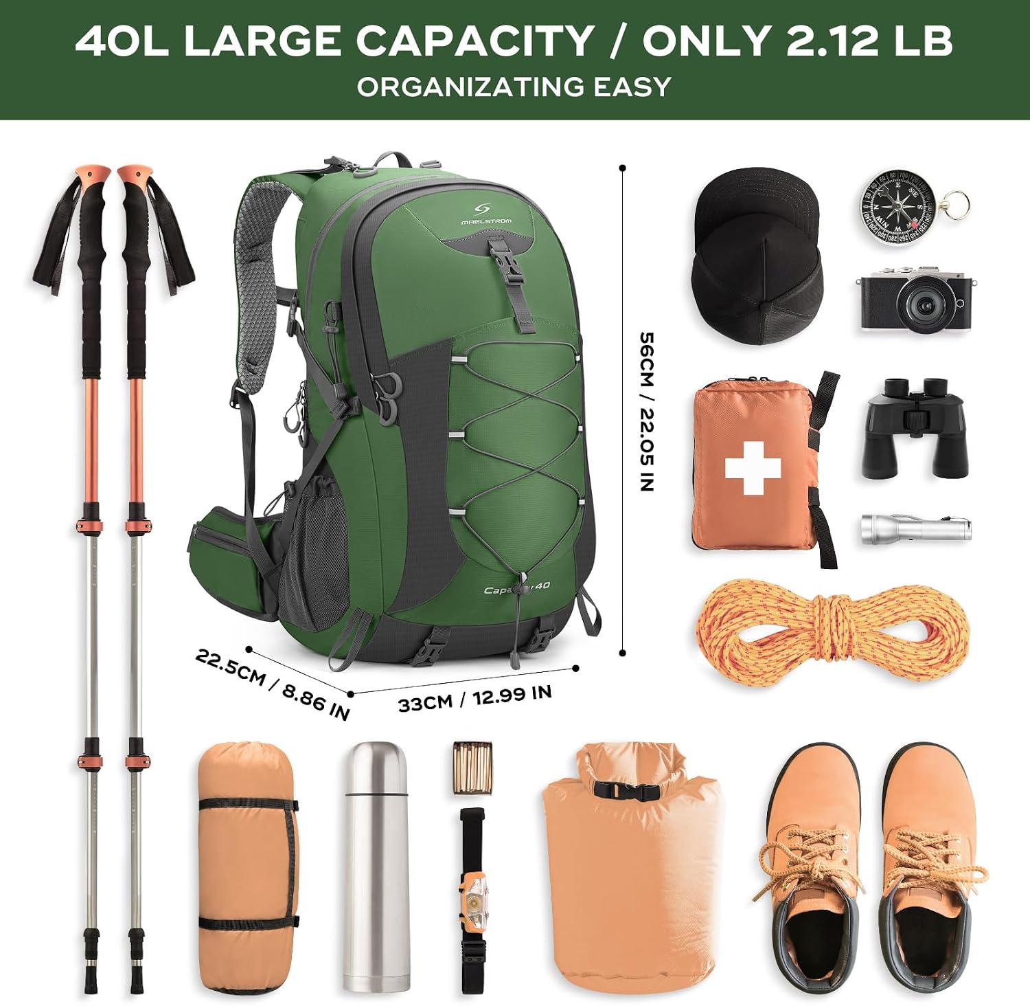 40L Hiking Backpack, Lightweight Camping Daypack with Rain Cover | Water-Resistant Rip-Stop Nylon, Wet/Dry