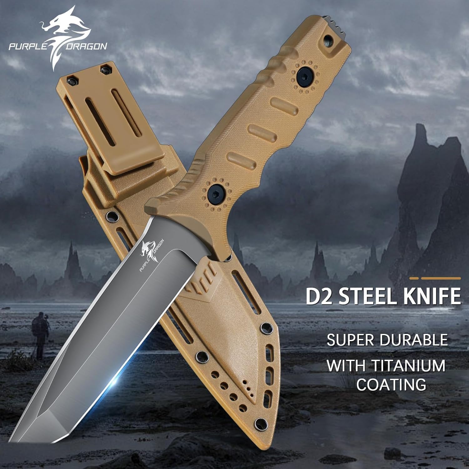 Full Tang Fixed Blade Tactical Knife with Sheath | High Carbon Steel Camping Knife with Ergonomic Khaki Handle, Built