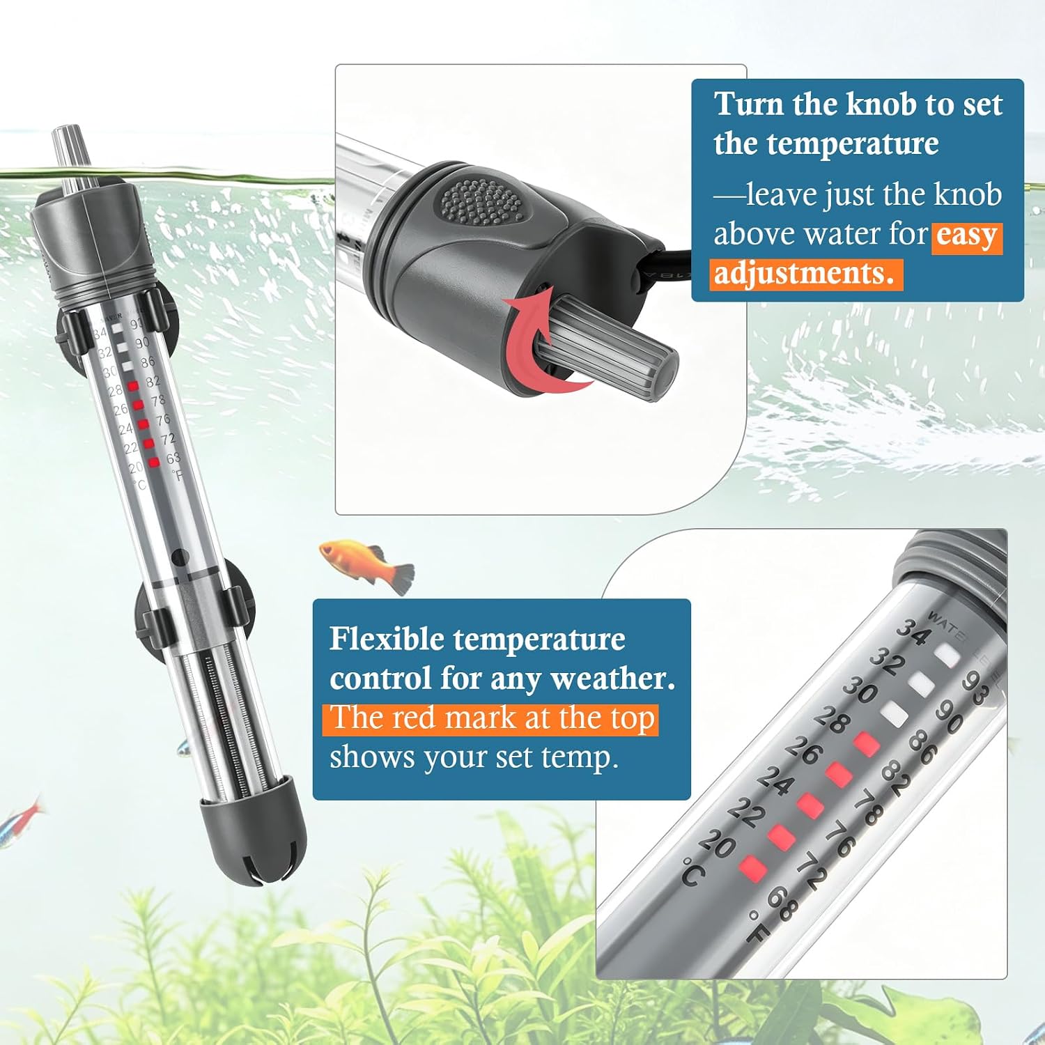 50W Adjustable Aquarium Heater, Submersible Fish Tank Heater Thermostat with Suction Cups for 6-15Gal