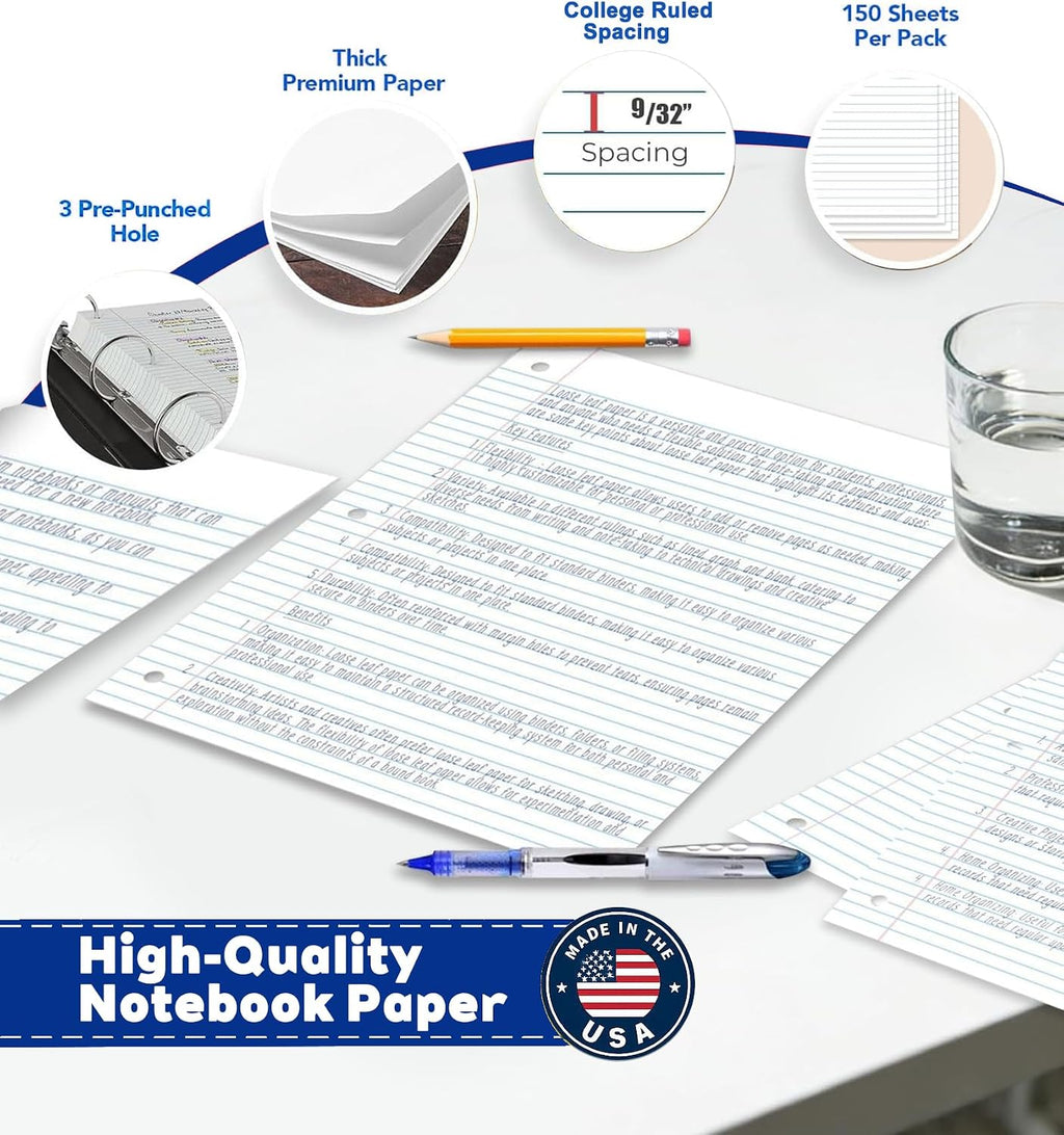 Loose Leaf Paper, College Ruled Notebook Paper, 8 x 10.5”, 150 Sheets per Pack, 3 Pack, Lined Filler Paper, 3 Hole