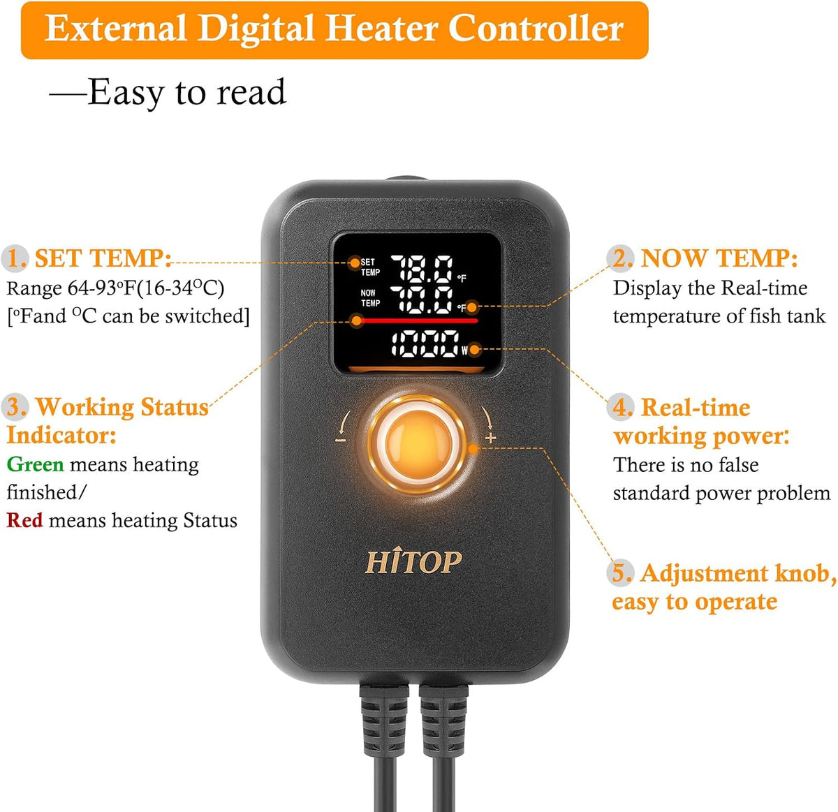 1000W Digital Aquarium Heater: Titanium Fish Tank Heater with Temperature Control Device, Submersible Heater for