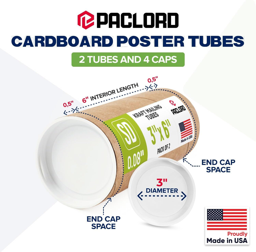 3" x 6" Made in USA Kraft Paper Mailing Tube, 2 Tubes, 4 Caps
