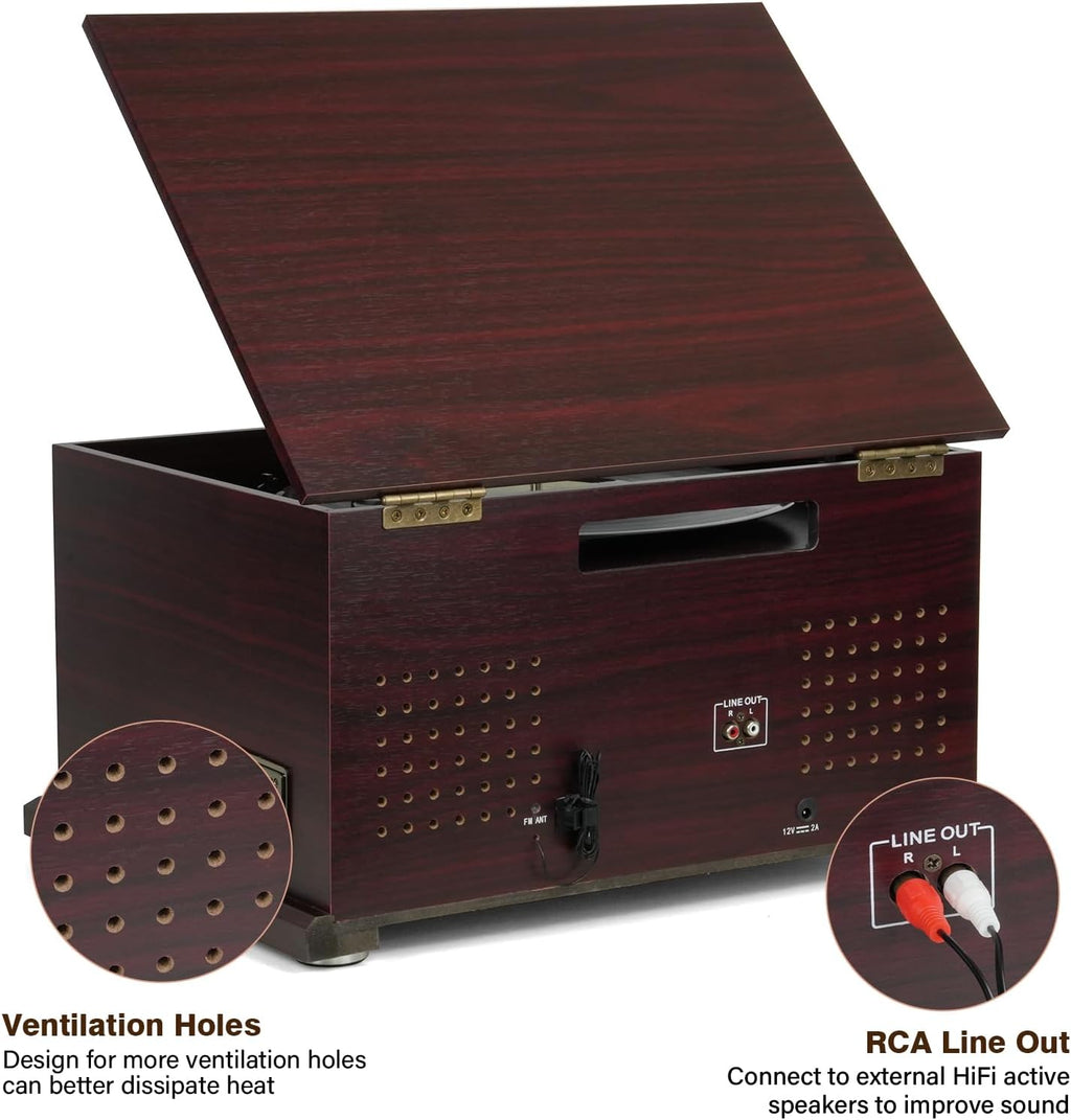 Bluetooth Record Player 10 in 1, 3-Speed Belt-Drive Turntable with Speakers, Bluetooth Input & Output, CD, Cassette