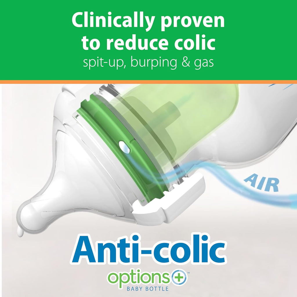 Anti-Colic Options+ Wide-Neck Glass Baby Bottle Starter Set with 100% Silicone Bottle Sleeves, Level 1, 2, and 3
