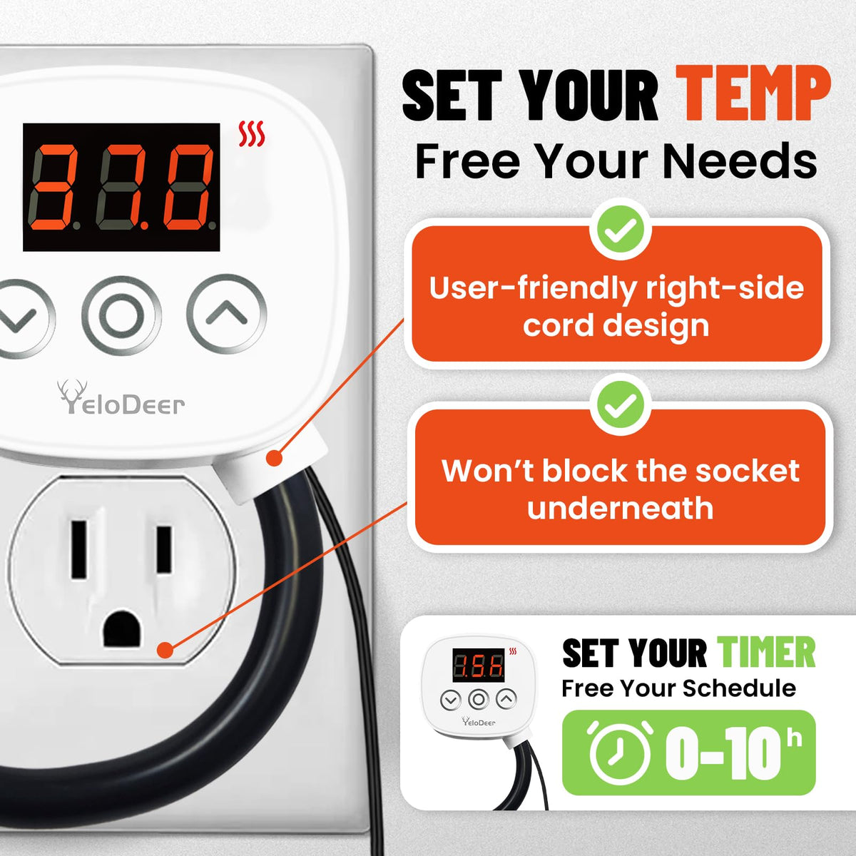 YeloDeer 120V Plug-in Digital Heating Temperature Controller Outlet