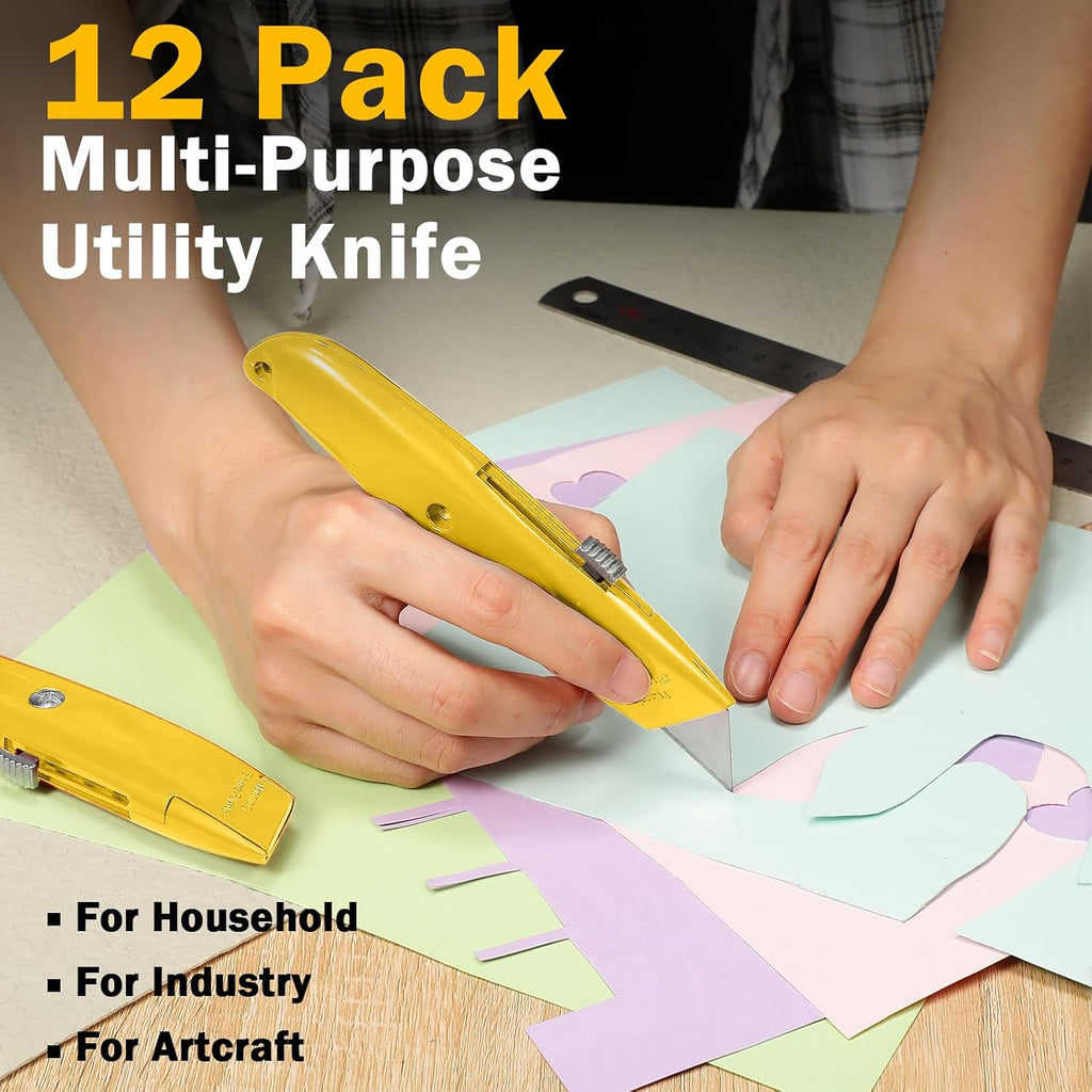 12 Pcs Box Cutter Utility Knife Retractable Bulk, Yellow