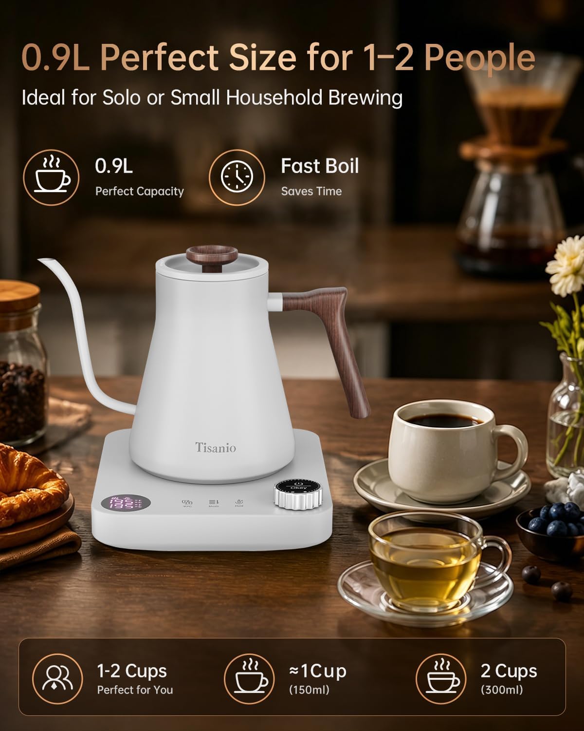 Gooseneck Electric Kettle with Temperature Control, 0.9L, White Wood | ±1°F Precision Pour Over Kettle, LCD Dual